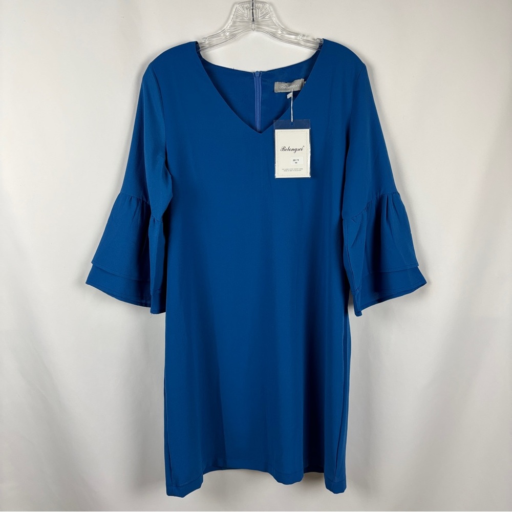 Belongsci Dress Womens Medium Capri Blue  V-Neck Bell Sleeve Lined Zip Dress NWT
